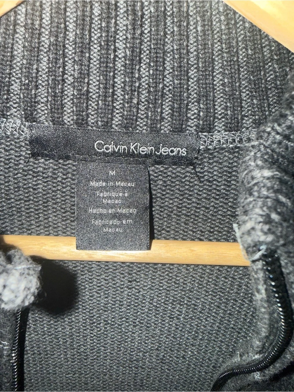 Calvin Klein Jeans Men’s Black Full-Zip Ribbed Collar Sweater